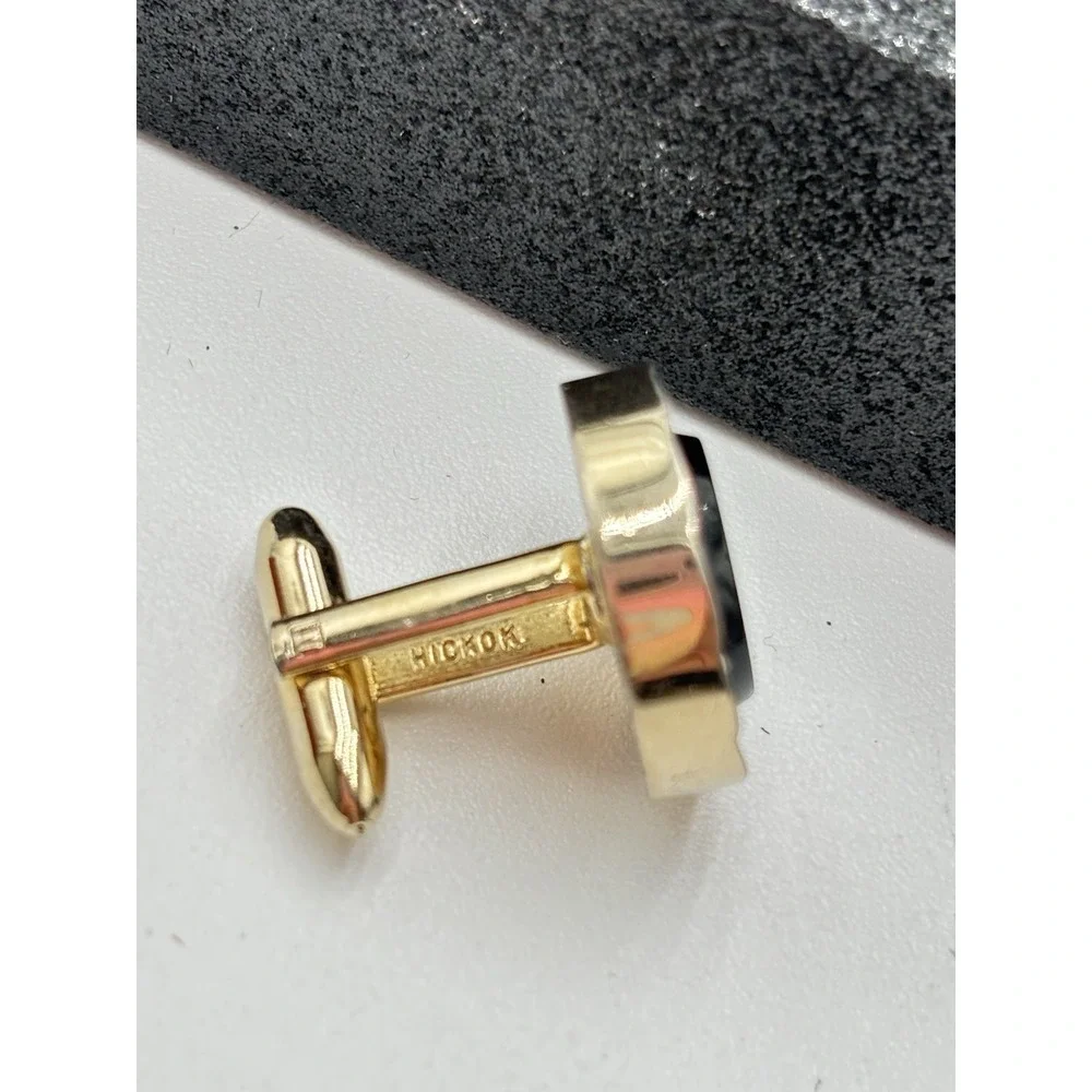 Vintage Hickok Swank Cufflinks Tie Bar Set Gold Tone Black Enamel Roman Warrior